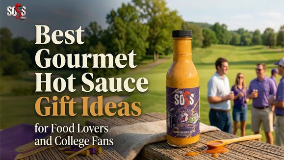 SOSS smoky chipotle gourmet hot sauce bottle with gift ideas text for food lovers and college fans