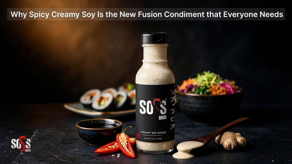 SOSS Bros creamy soy sauce bottle with sushi rolls fresh vegetables and ginger on dark background
